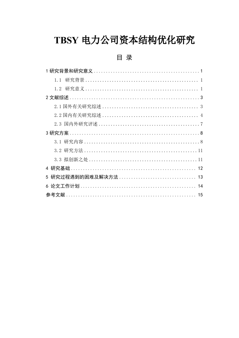 TBSY电力公司资本结构优化研究（开题报告）