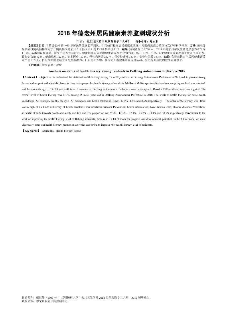 德宏州居民健康素养监测现状分析