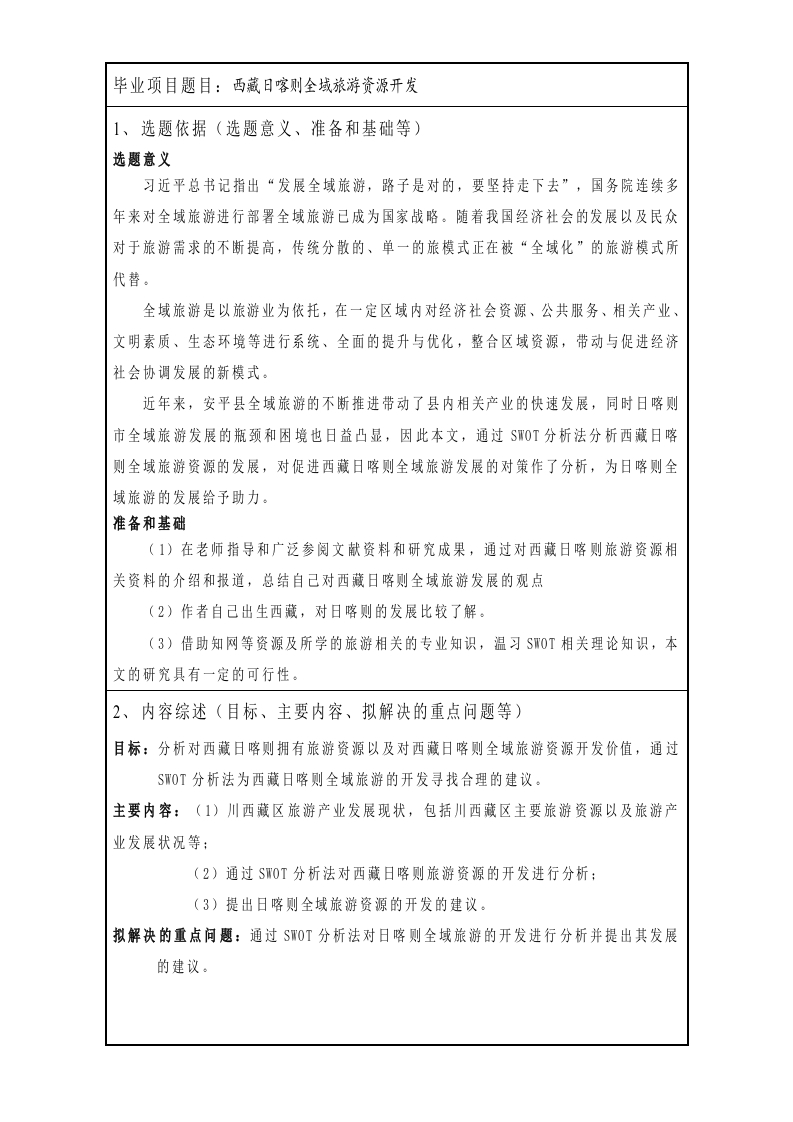 西藏日喀则全域旅游资源开发（开题报告）