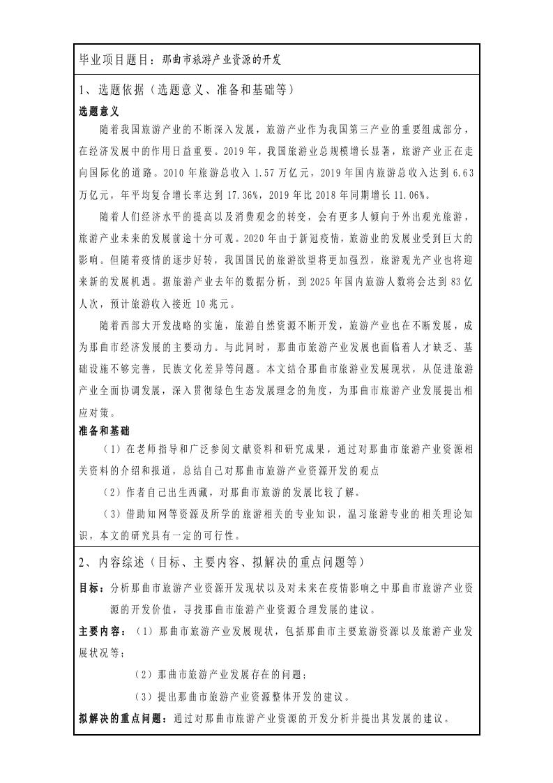 那曲市旅游产业资源的开发（开题报告）